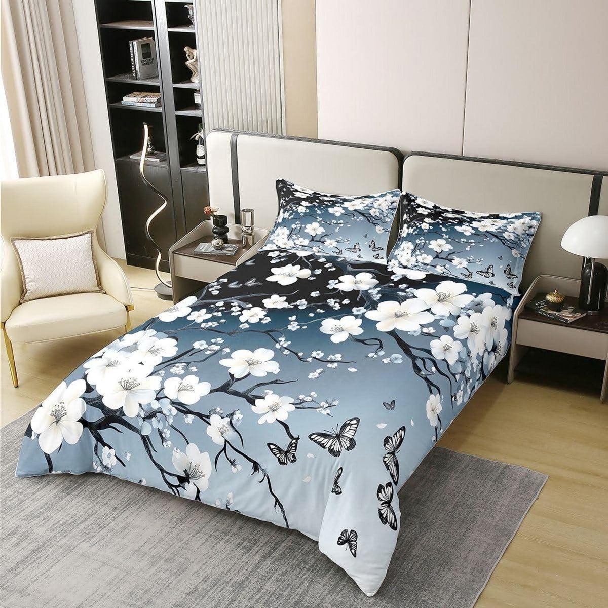 Farbverlauf Bettwäsche Set 200x200 Baumwolle Blumen & Schmetterlinge