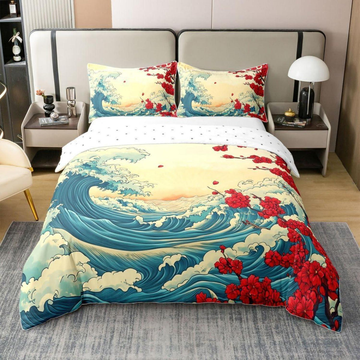 Japanischer Ukiyo-e Bettbezug Set – Wellen, Berge & Pflaumenblüten