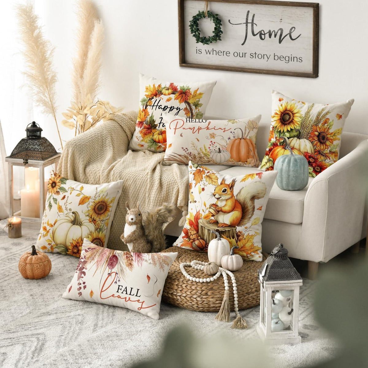 Herbst Kissenbezüge Eichhörnchen Kürbis 40x40 cm 4er Set Orange