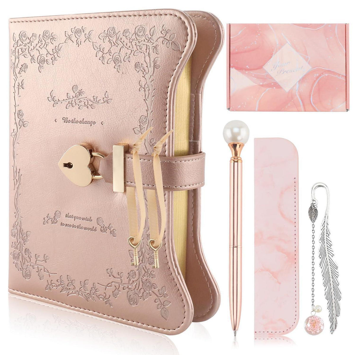Notizbuch Geschenkset Roségold mit Schloss für Mädchen 9-13 Jahre