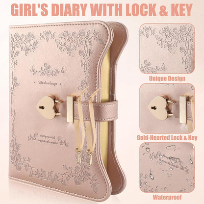 Notizbuch Geschenkset Roségold mit Schloss für Mädchen 9-13 Jahre
