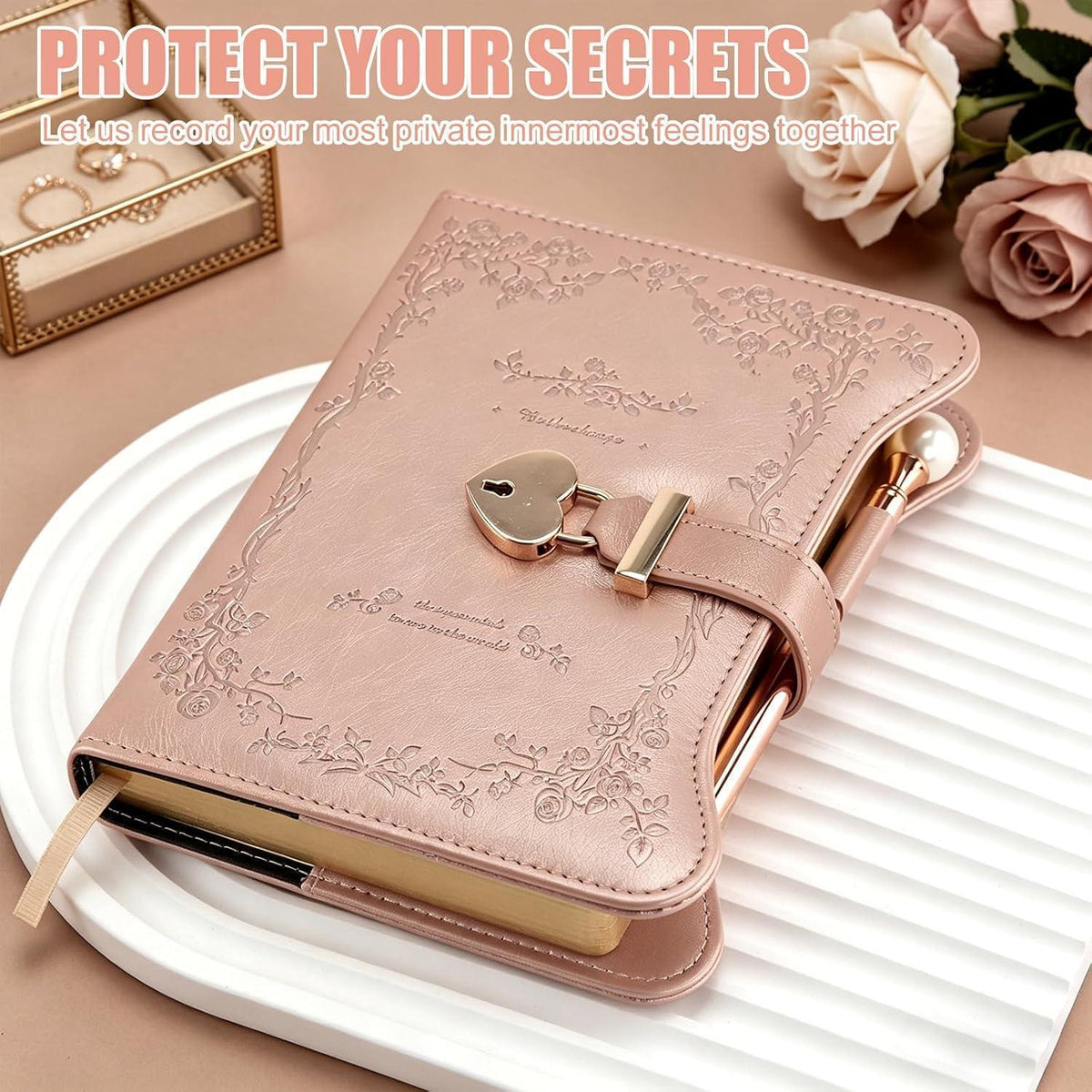 Notizbuch Geschenkset Roségold mit Schloss für Mädchen 9-13 Jahre