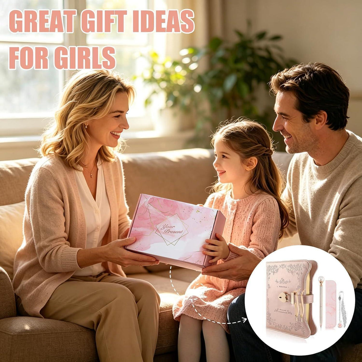 Notizbuch Geschenkset Roségold mit Schloss für Mädchen 9-13 Jahre