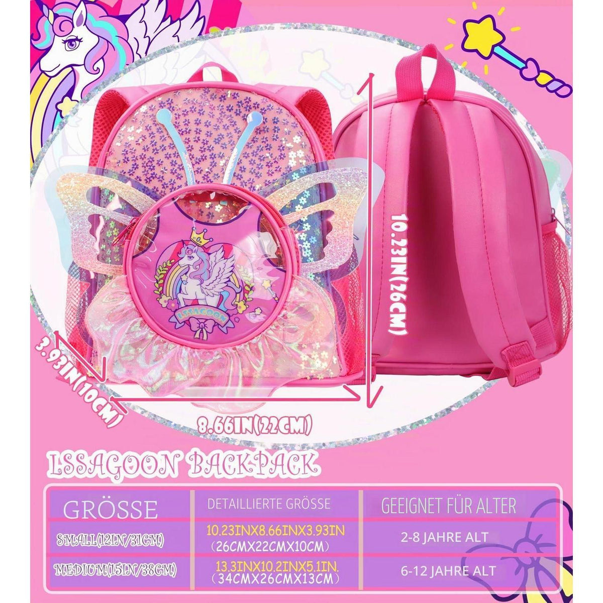 Einhorn Rucksack Mädchen mit Pailletten & Schmetterlingsflügeln