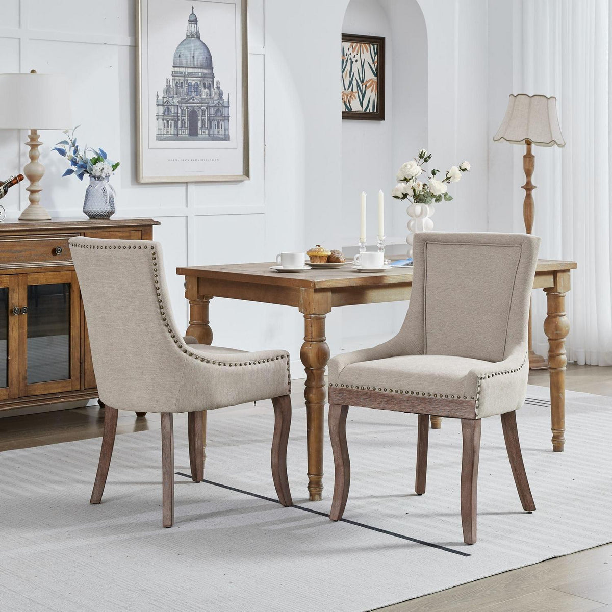 Esszimmerstühle 2er Set – Gepolsterte Chenille Stühle mit Holzbeinen