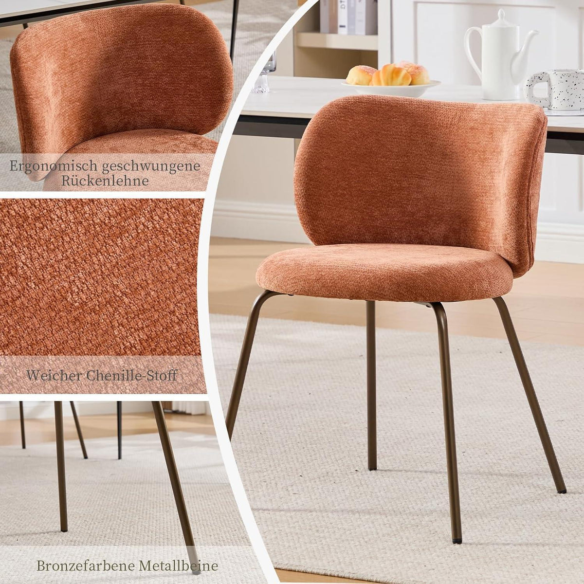 Esszimmerstühle Set 4er – Chenille Stoff, Orange, Modern
