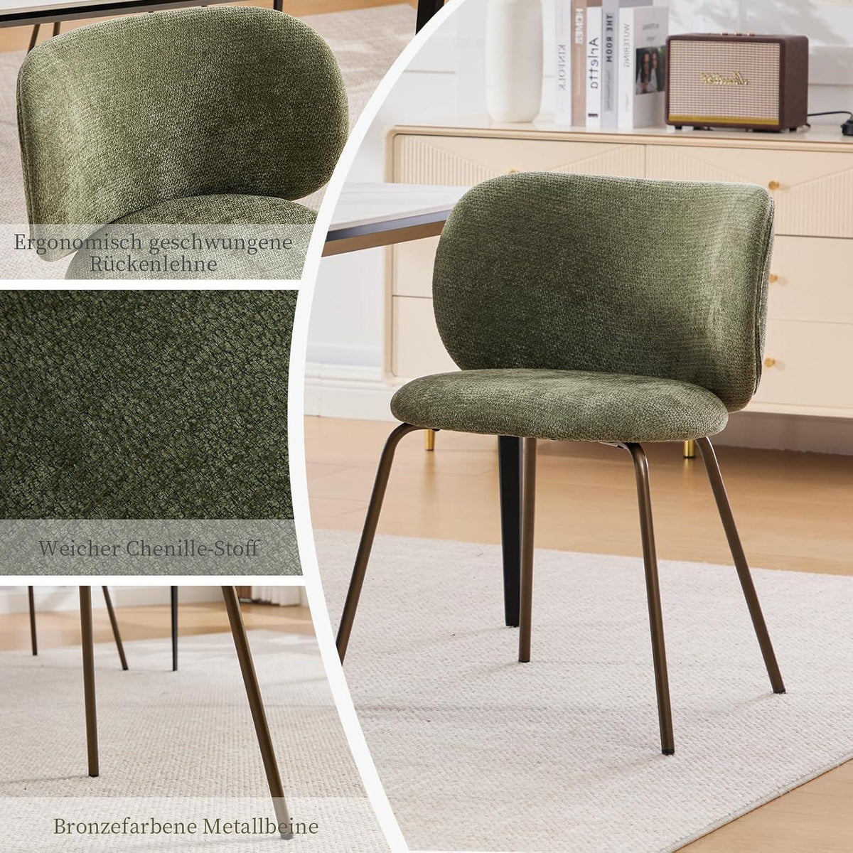 Esszimmerstühle Set 4 Olivgrün, Chenille Stoff & Metallbeine