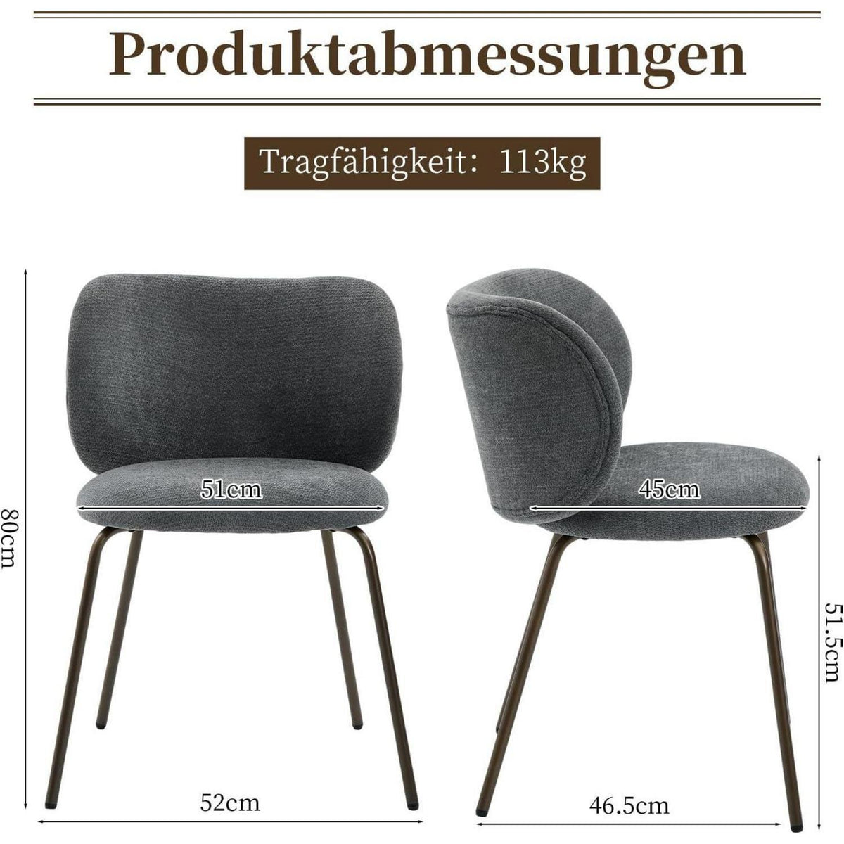 Moderner Esszimmerstuhl Grau, Chenille Stoff & Metallbeine