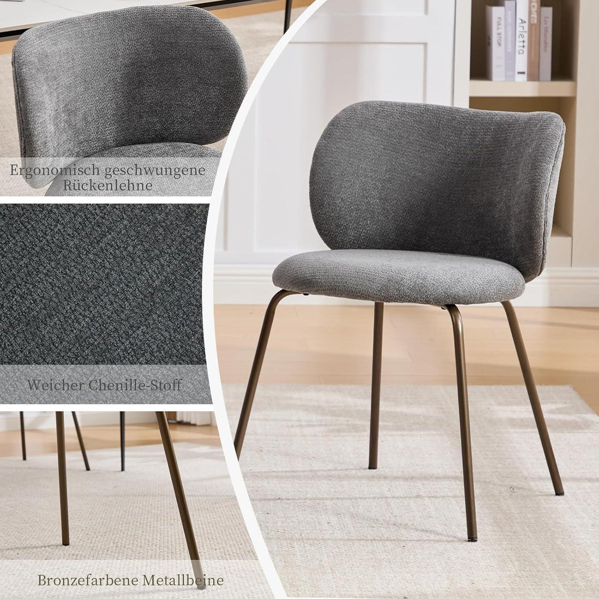 Moderner Esszimmerstuhl Grau, Chenille Stoff & Metallbeine
