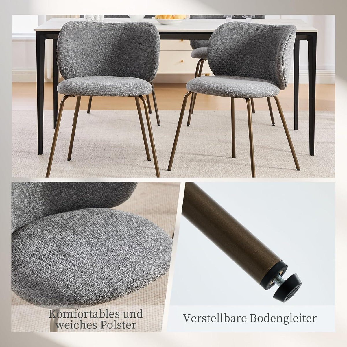 Moderner Esszimmerstuhl Grau, Chenille Stoff & Metallbeine