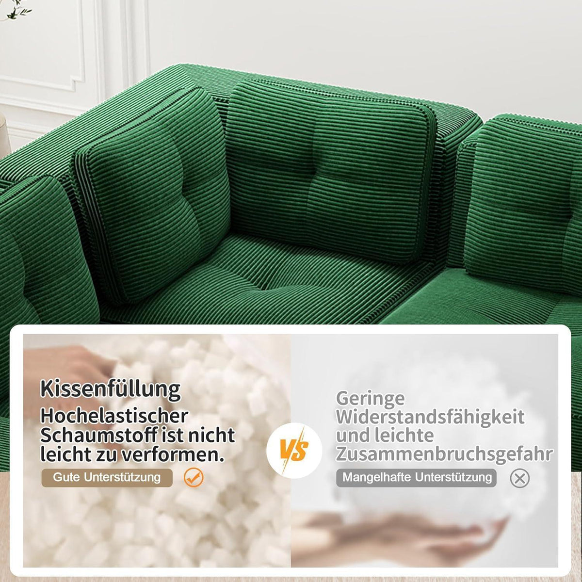 Modulares Ecksofa Grün – Kein Aufbau, Tiefe Sitzfläche & Cordstoff
