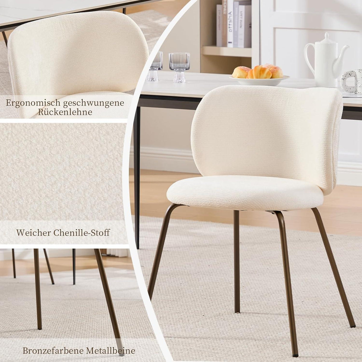 Esszimmerstühle Set 4er – Chenille Stoff, Creme Weiß