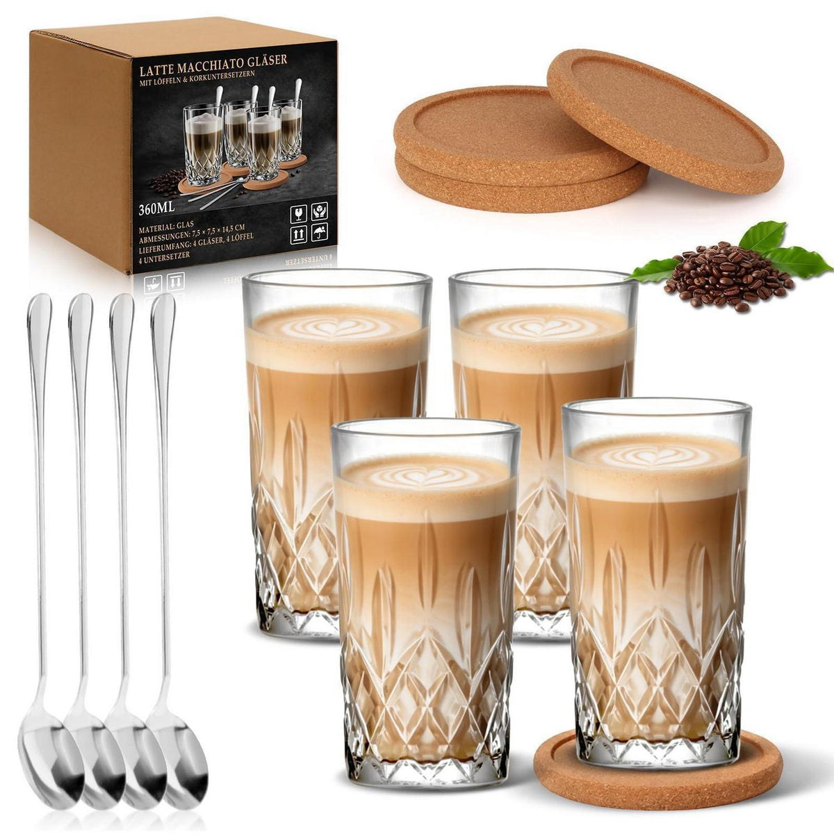Latte Macchiato Gläser Set mit Löffeln & Untersetzern