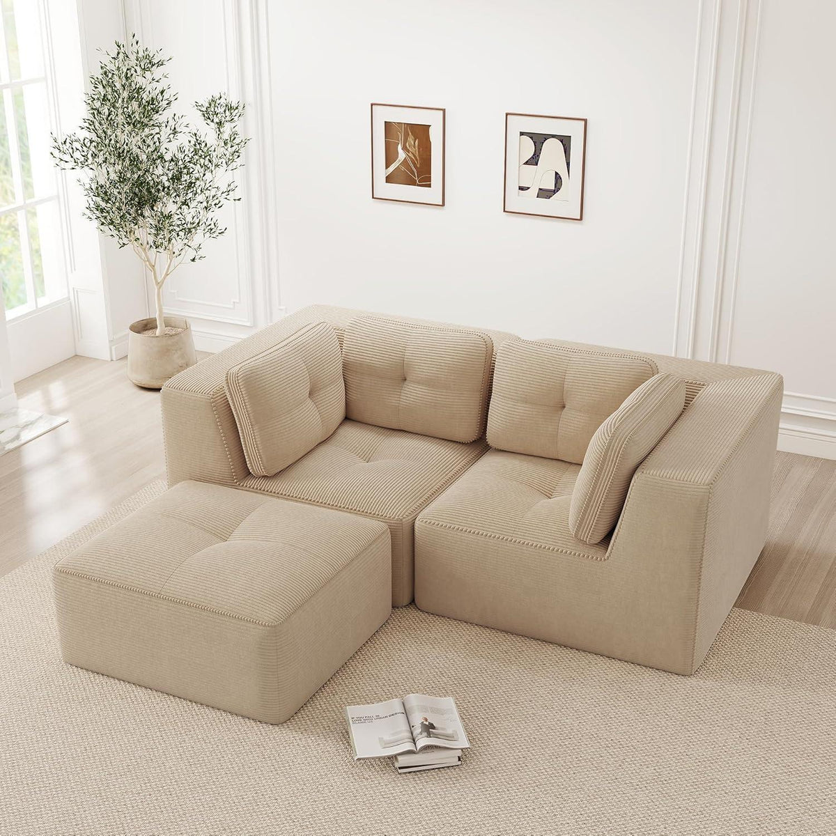 Modulares Ecksofa mit Ottoman – Kein Aufbau, Beige Cord Sofa