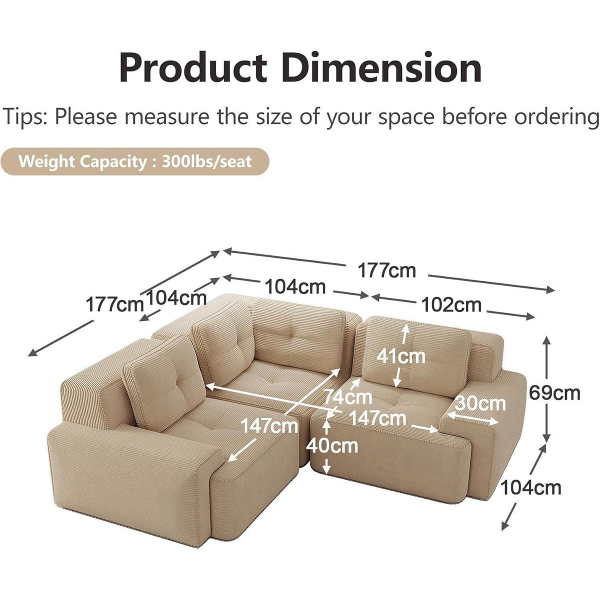 Modulares Ecksofa mit Cord – Bequemes Sofa ohne Aufbau, Beige