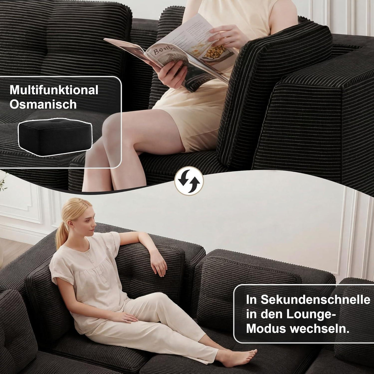 Modulares Ecksofa mit Cord – Tiefes Sitzsofa, Schwarz 2C1S+1O