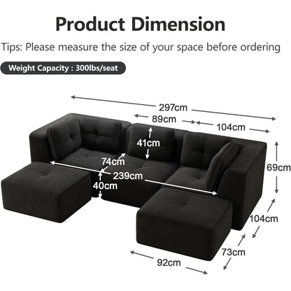 Modulares Ecksofa mit Cord – Tiefes Sitzsofa, Schwarz 2C1S+2O