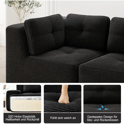 Modulares Ecksofa mit Cord – Tiefes Sitzsofa, Schwarz 2C1S+2O