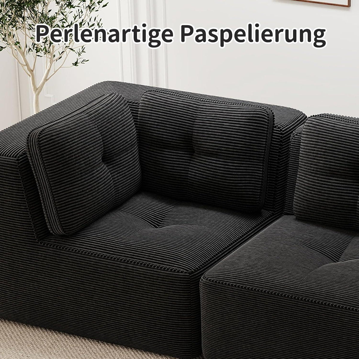 Modulares Ecksofa Schwarz – Kein Aufbau, Tiefe Sitzfläche & Cordstoff
