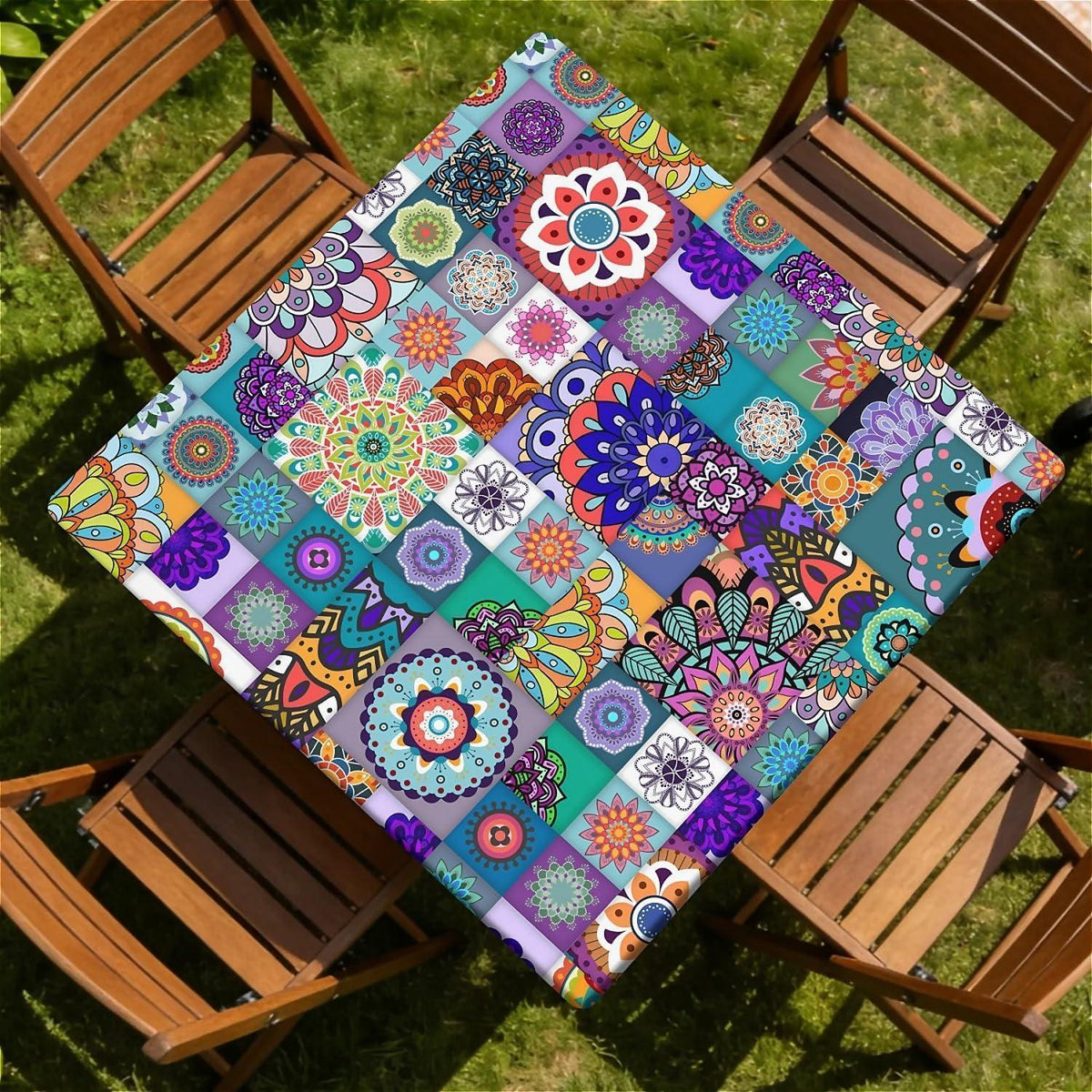 Quadratische Tischdecke 90x90cm wasserdicht mit Gummizug – Outdoor & Boho