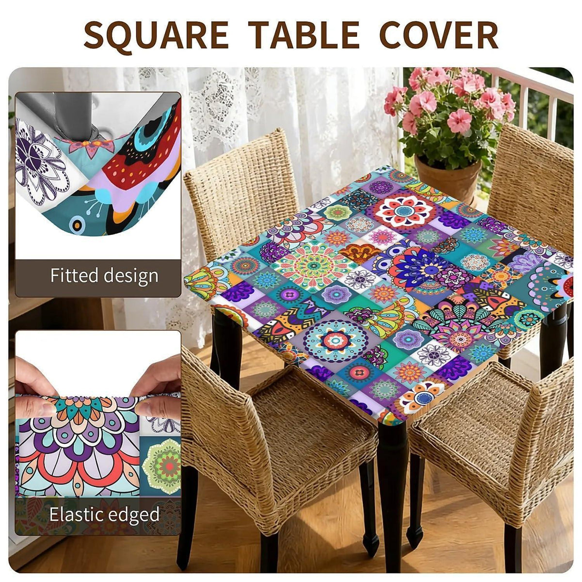 Quadratische Tischdecke 90x90cm wasserdicht mit Gummizug – Outdoor & Boho