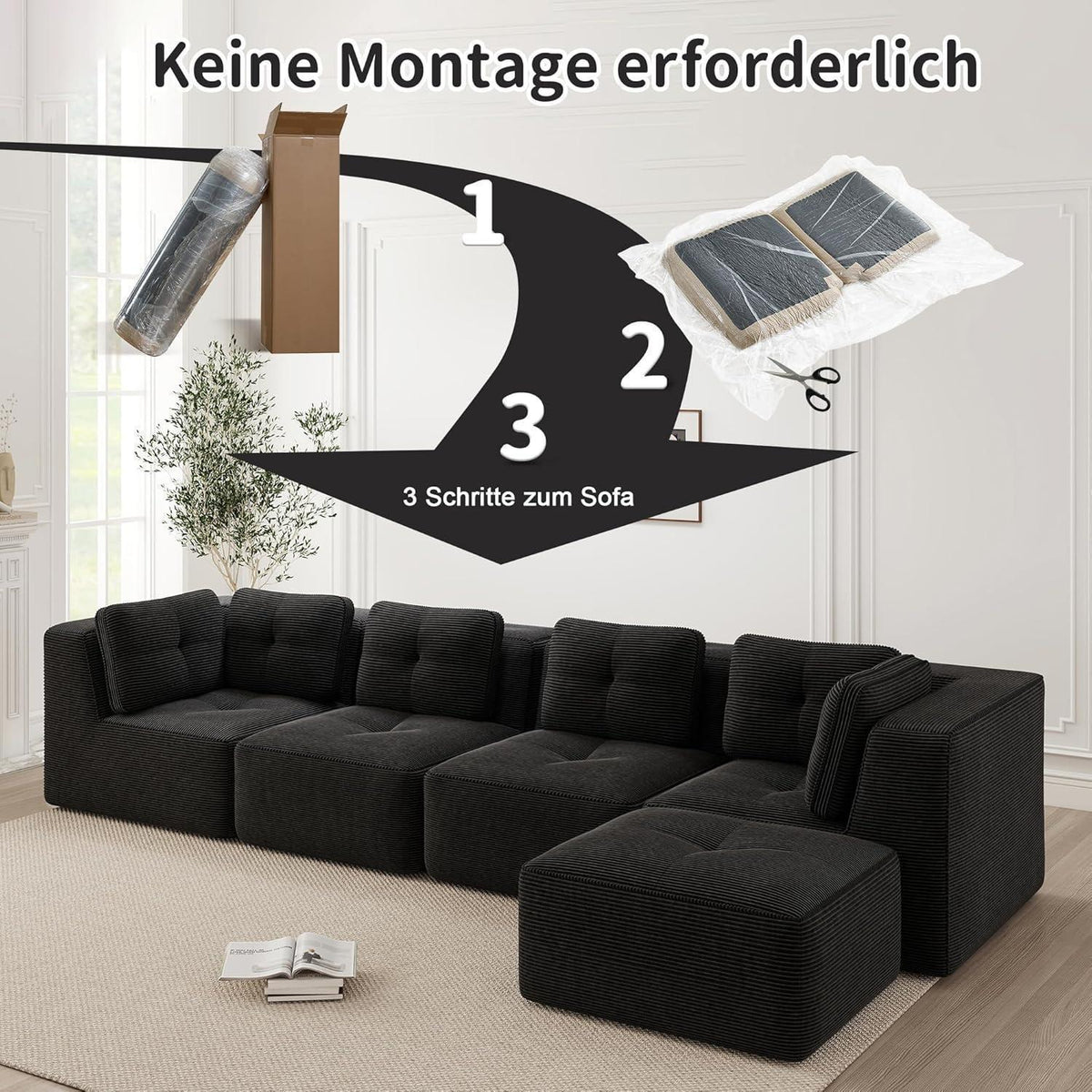 Modulares Ecksofa mit Cord – Tiefes Sitzsofa Schwarz 2C2S+1O