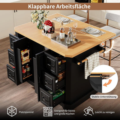 Mobile Kücheninsel mit Arbeitsplatte | 2 Türen & 6 Schubladen Schwarz