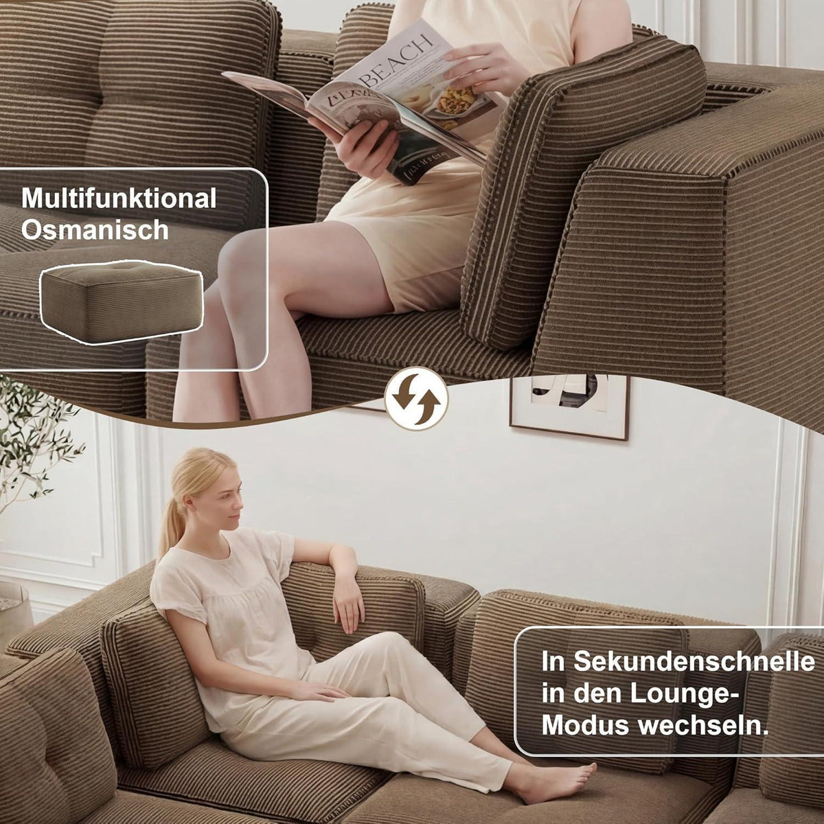 Modulares Ecksofa Braun – Kein Aufbau, Tiefe Sitzfläche & Cordstoff