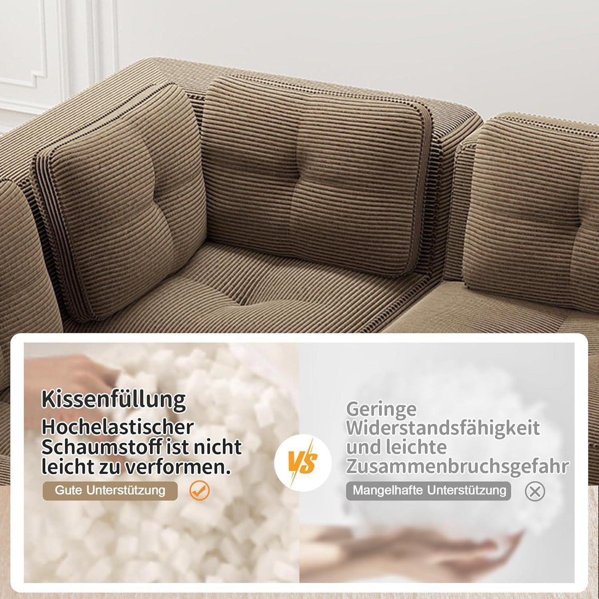 Modulares Ecksofa Braun – Kein Aufbau, Tiefe Sitzfläche & Cordstoff