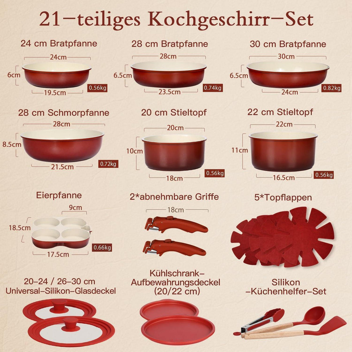Granit Topfset 21-teilig mit Abnehmbarem Griff & Farbverlauf