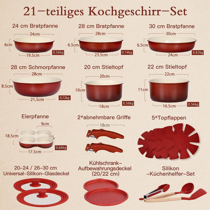 Granit Topfset 21-teilig mit Abnehmbarem Griff & Farbverlauf
