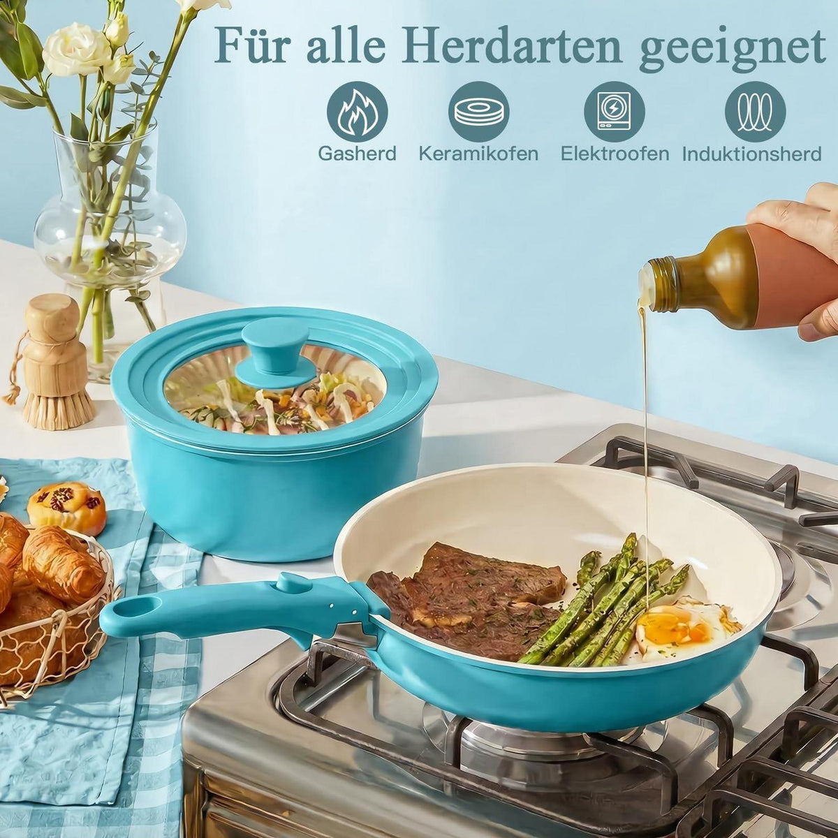 Granit Topfset 21-teilig mit Abnehmbarem Griff – Blauer Farbverlauf