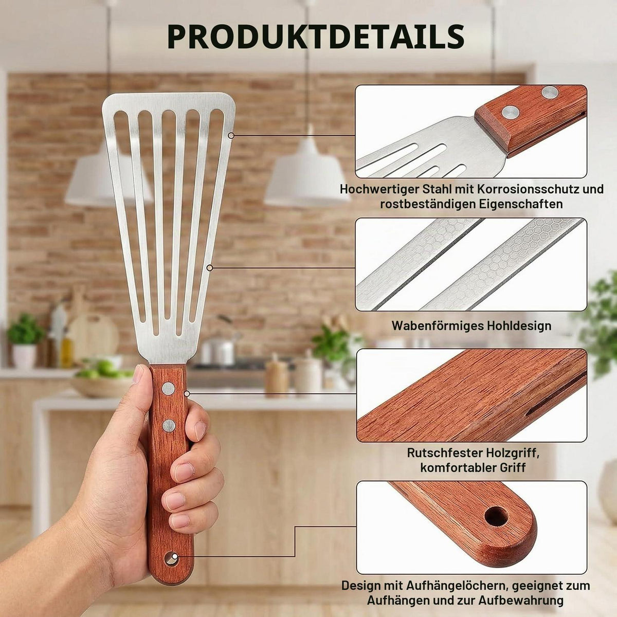 Edelstahl Pfannenwender mit Holzgriff und Schlitzen