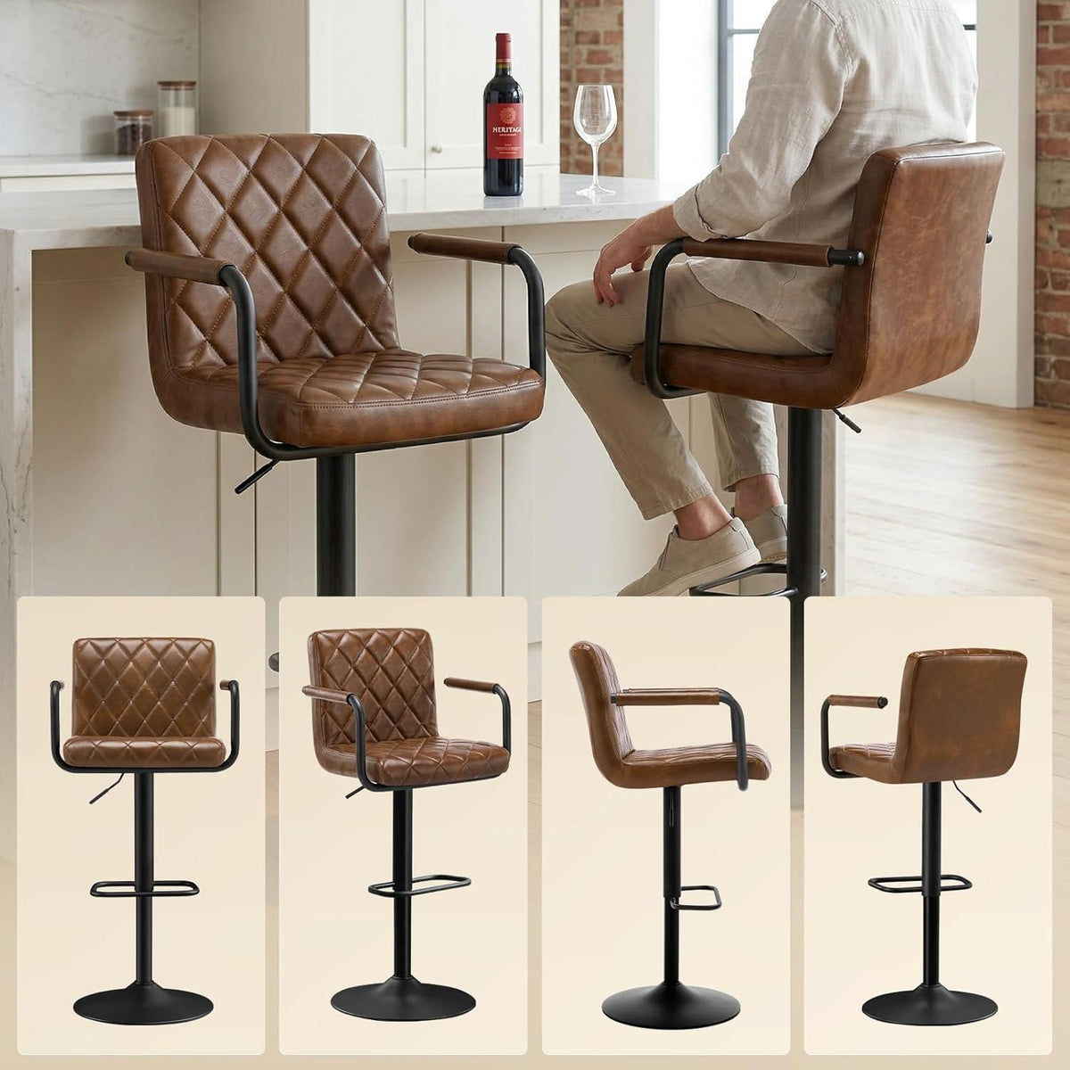 Barhocker 2er Set Höhenverstellbar mit Armlehnen & Fußstütze