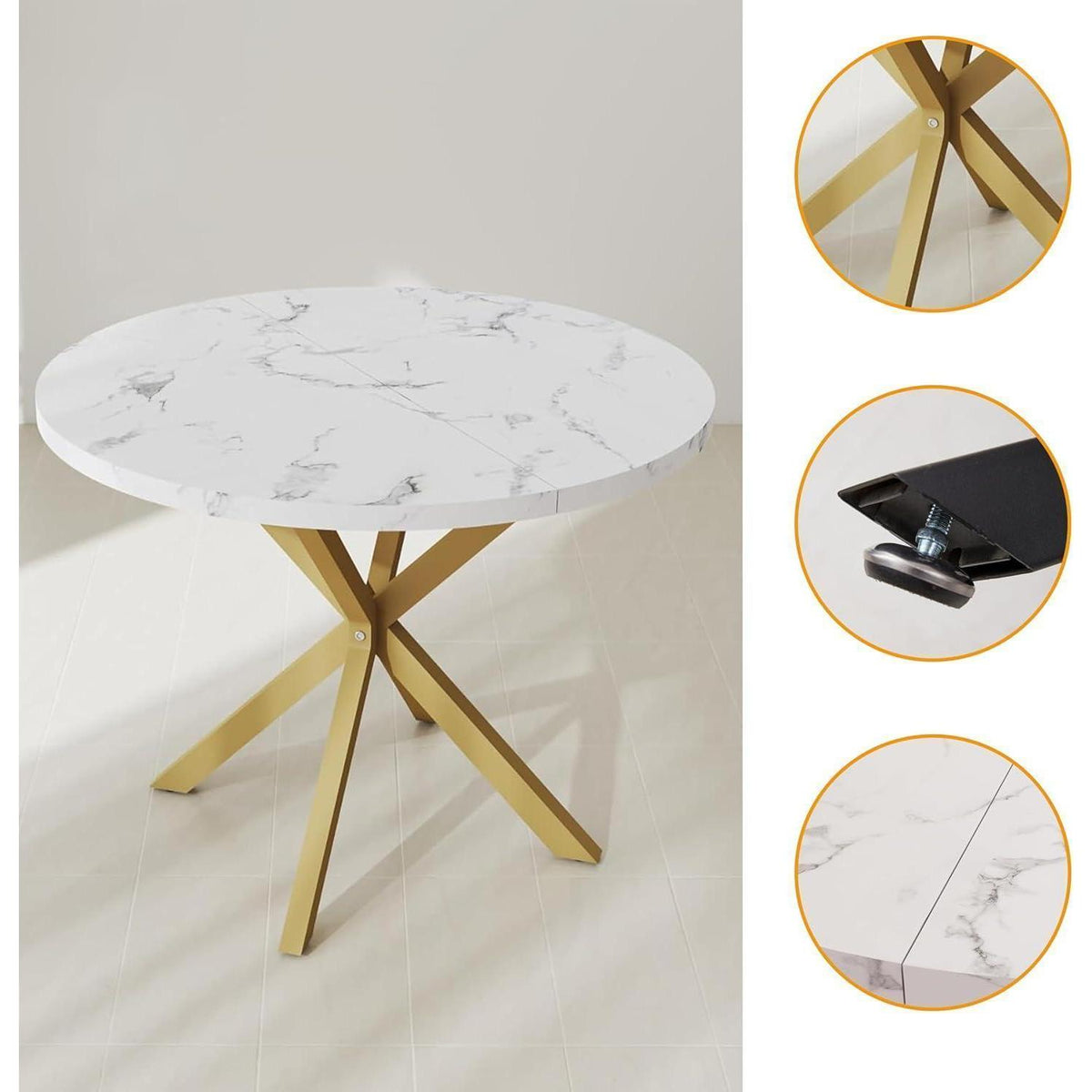Runder Esstisch Set mit 4 Samtstühlen – Marmor Grau & Gold