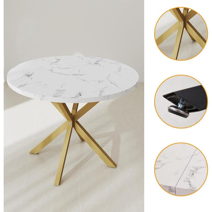 Runder Esstisch Set mit 4 Samtstühlen – Marmor Grau & Gold