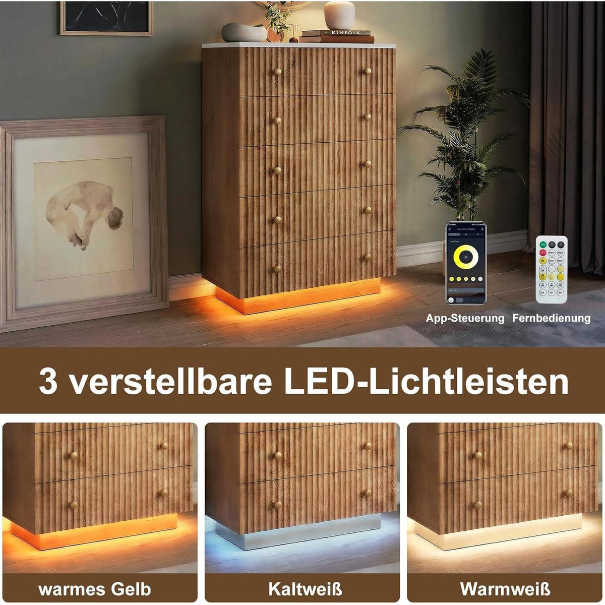 Kommode 5 Schubladen Holz, Landhausstil mit Kippschutz