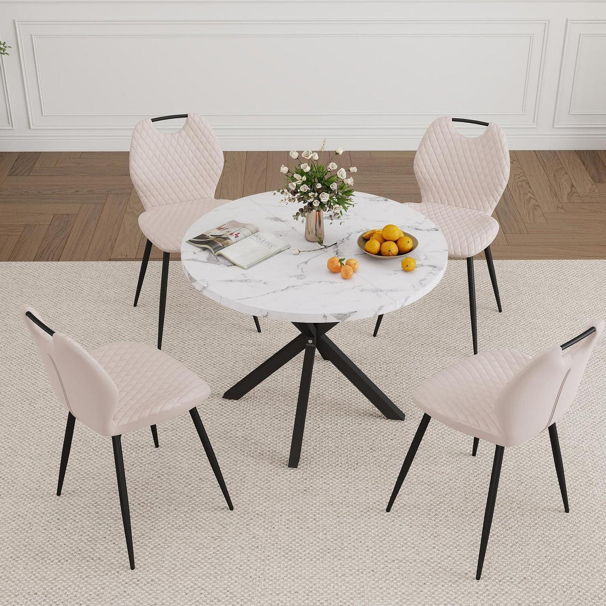 Runder Esstisch Set mit 4 Samtstühlen – Marmor Beige