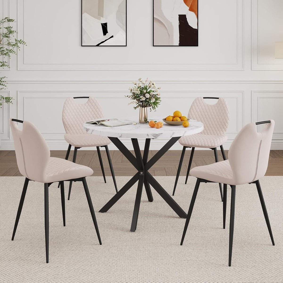 Runder Esstisch Set mit 4 Samtstühlen – Marmor Beige