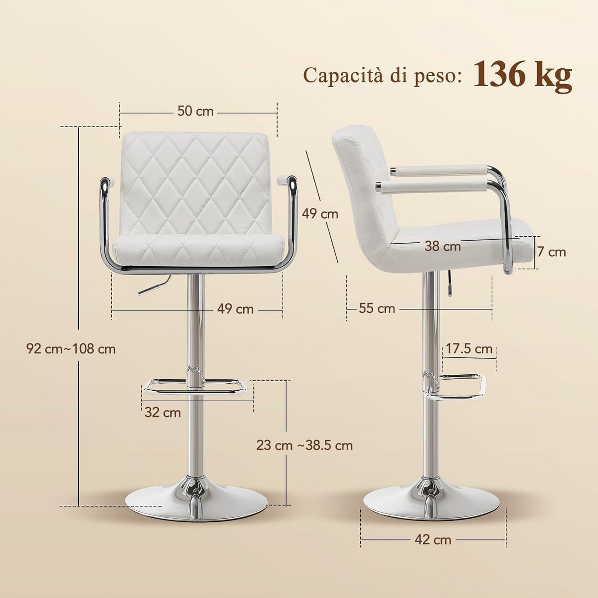 Barhocker Set 2x Höhenverstellbar mit Armlehnen & Fußstütze Weiß