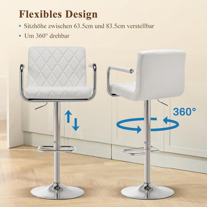 Barhocker Set 2x Höhenverstellbar mit Armlehnen & Fußstütze Weiß