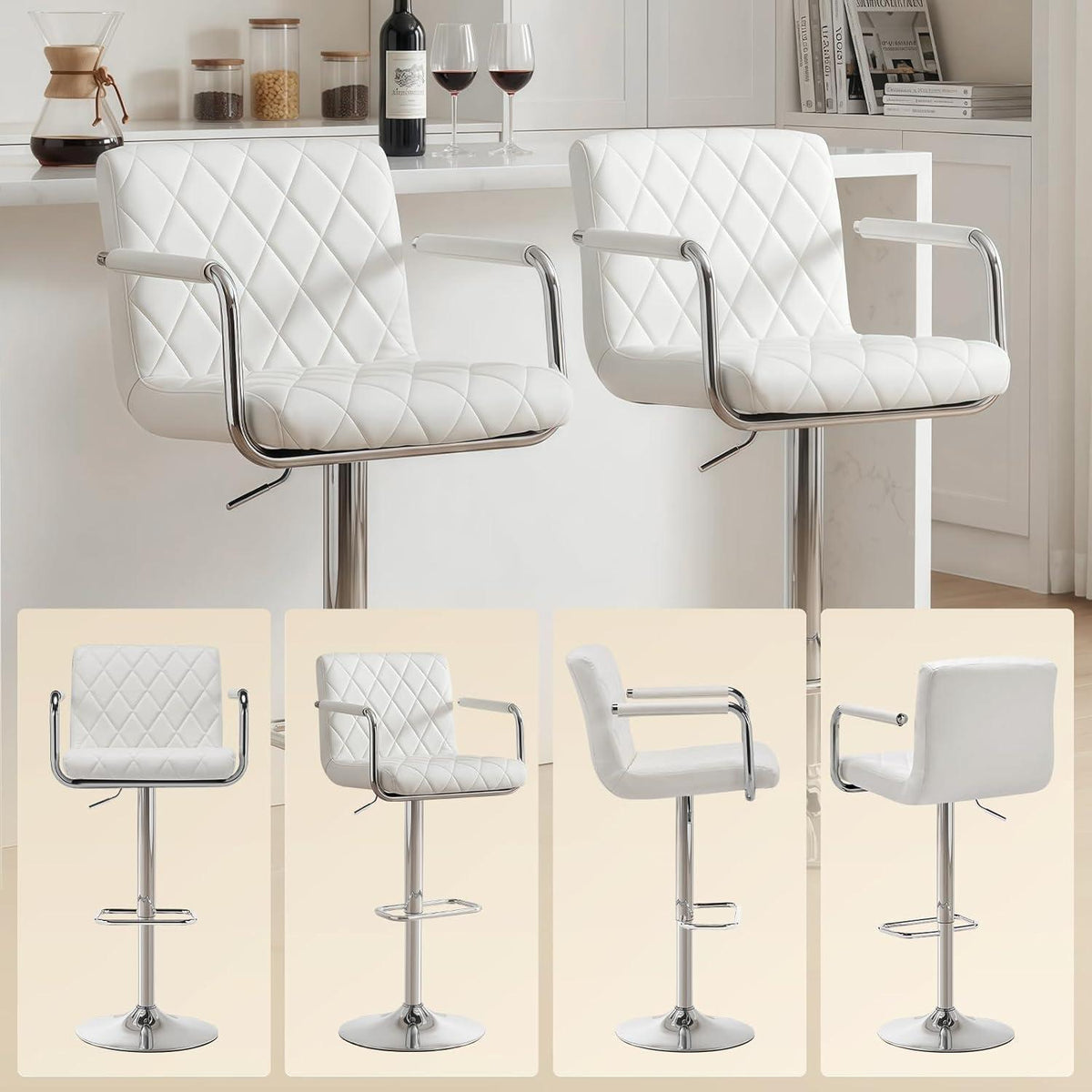 Barhocker Set 2x Höhenverstellbar mit Armlehnen & Fußstütze Weiß