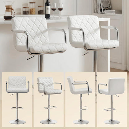 Barhocker Set 2x Höhenverstellbar mit Armlehnen & Fußstütze Weiß