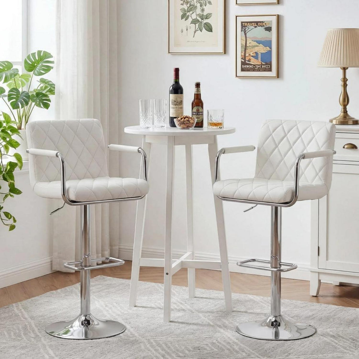 Barhocker Set 2x Höhenverstellbar mit Armlehnen & Fußstütze Weiß