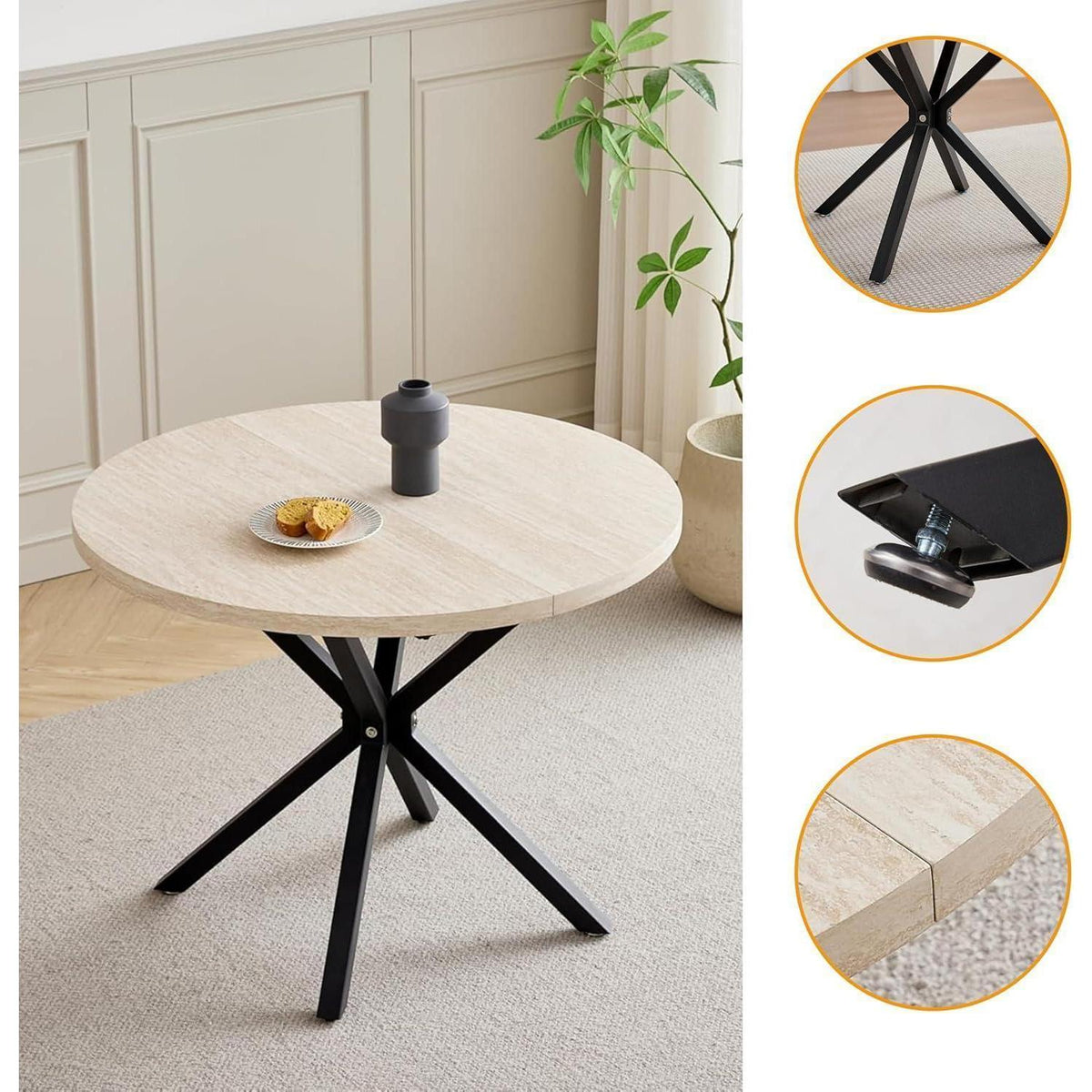 Runder Esstisch Set 100cm mit 4 Samtstühlen – Gelb & Beige