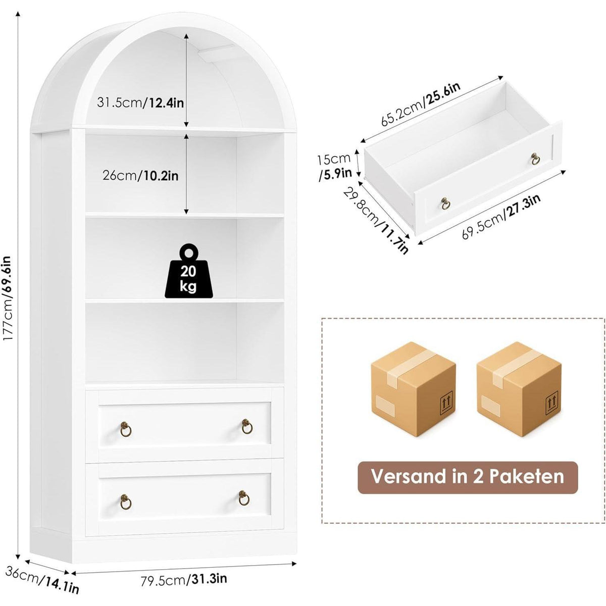 Bücherregal mit 2 Schubladen & Gewölbe – Weißes Hochschrank Möbel