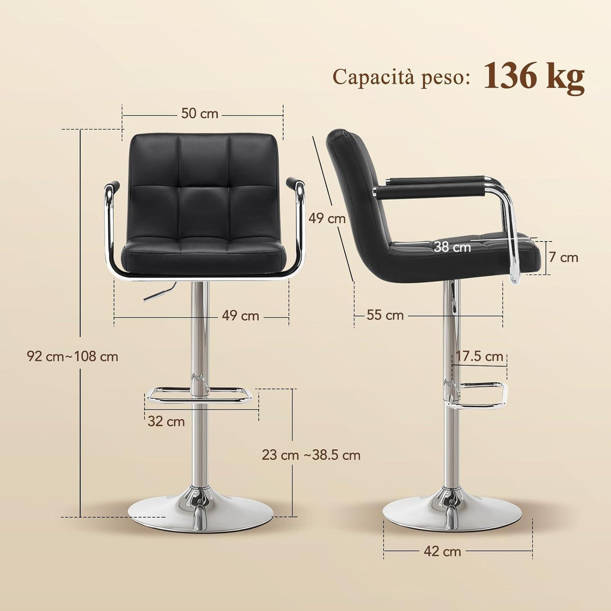 Barhocker Set 2x, Höhenverstellbar, Schwarz in Lederoptik