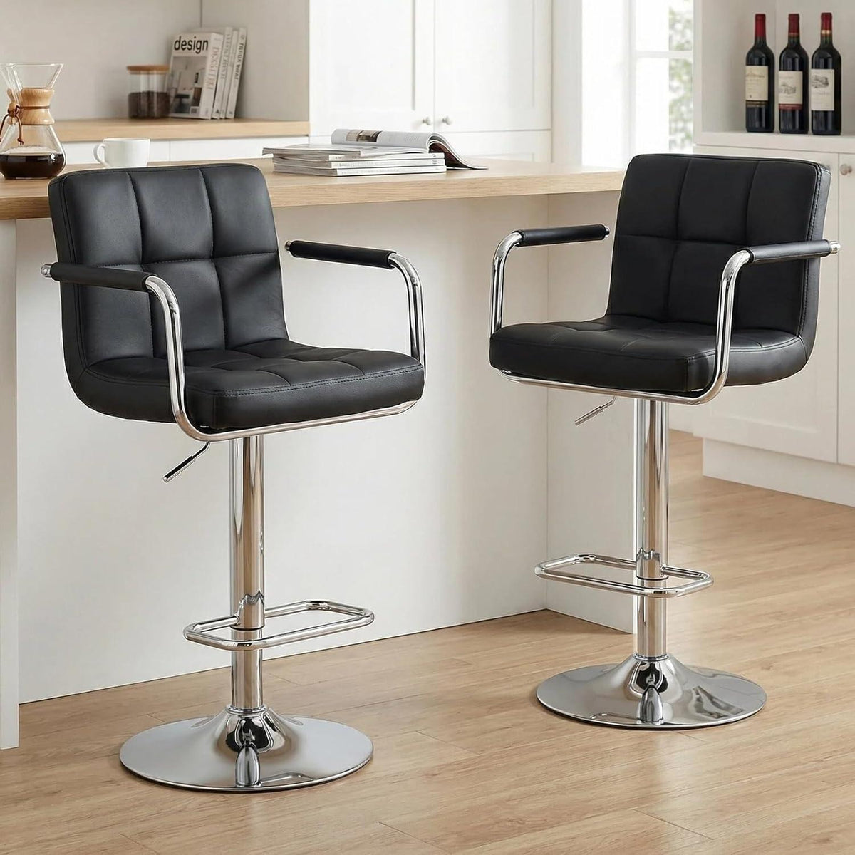 Barhocker Set 2x, Höhenverstellbar, Schwarz in Lederoptik