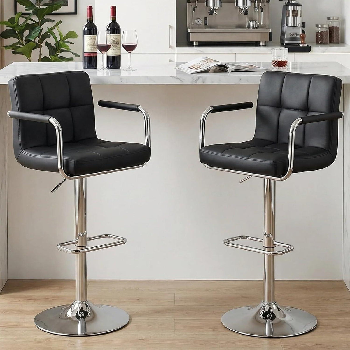 Barhocker Set 2x, Höhenverstellbar, Schwarz in Lederoptik