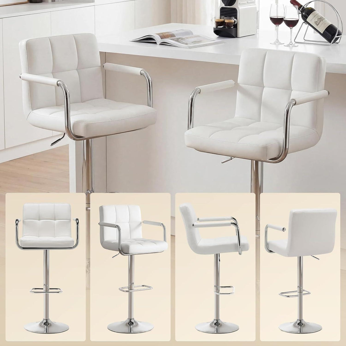 Barhocker Set 2er – Höhenverstellbar, Weiß, PU-Leder